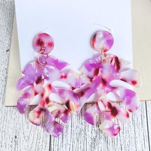 Acrylic Leaf Pinks Red White Hoop Dangle Earrings